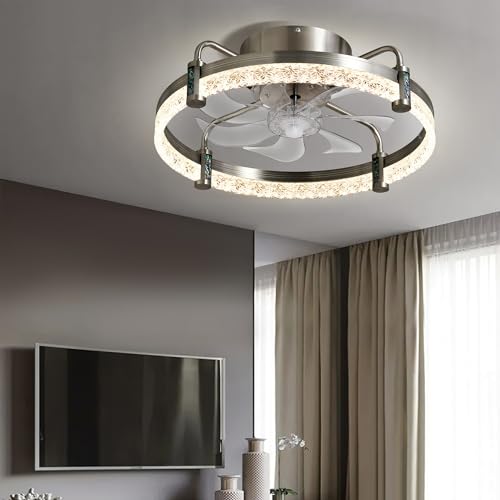DWVO Ceiling Fan with Lights 20", Low Profile Flush Mount Ceiling Fan, Enclosed Bladeless Fan with Quiet Reversible DC Motor, 6 Speeds, for Bedroom,Living Room Kitchen, Indoor, Brushed Nickel