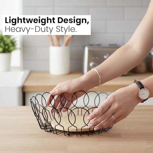 Image of Go Hooked Decorative Metal Wire Fruit Basket with Wooden Base for Home & Dining Table 10Inch | Open Wire Countertop Fruit Bowl for Vegetables, Snacks & Bread | Modern Home Decor Storage Basket (VM15D)