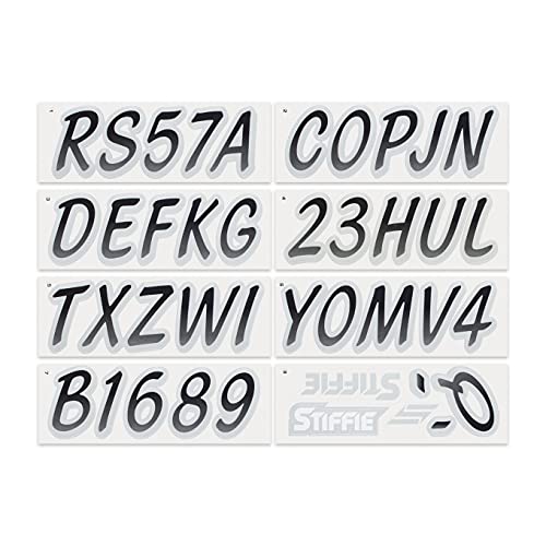 Image of STIFFIE Whipline Black /Silver Super Sticky 3 inch Alpha Numeric Registration Identification Numbers Stickers Decals for Sea-Doo Spark, Inflatable Boats, Ribs, Hypalon /PVC, PWC and Boats.