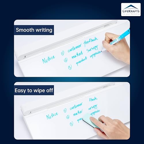 Image of LifeKrafts Glass Dry Erase Desktop Board with Swing Arm LED Lamp| 40x17 cm Non-Magnetic Whiteboard with Storage Tray| Includes 1 Pen & 1 Eraser| Ideal for Home Office, Study, and Work Desk- Pack of 1