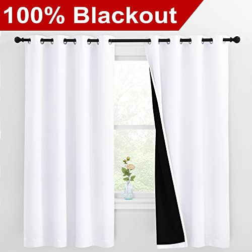Image of NICETOWN White 100% Blackout Lined Curtains, 2 Thick Layers Completely Blackout Window Treatment Thermal Insulated Drapes for Kitchen /Bedroom (1 Pair, 55 inches Width x 68 inches Length Each Panel)