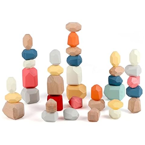 Jacootoys 36 PCs Wooden Stacking Rocks Balancing Stones, Colorful Montessori Building Blocks Toys Wood Sorting Game for 3 4 5 6 Years Old Kids Boys and Girls Birthday Gifts Cover