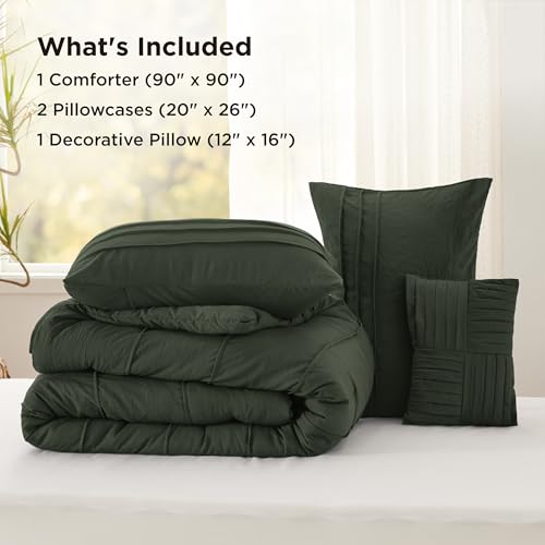 Image of Bedsure Queen Comforter Set - 4 Pieces Pinch Pleat Bed Set, Olive Green Boho Bedding for All Season, 1 Soft Comforter, 2 Pillowcases, 1 Decorative Pillow