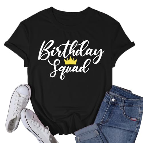 VQD Women's Birthday Shirts Birthday Squad T-Shirts Birthday Gifts Tee Tops Black