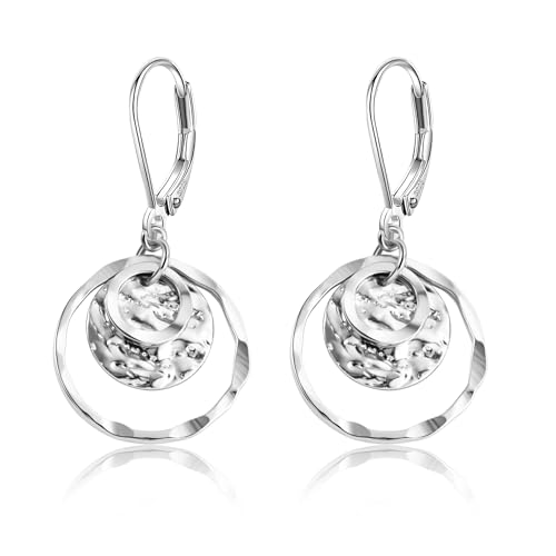 Image of Silver Dangle Earrings for Women Hammered Circle Drop Earrings Jewelry