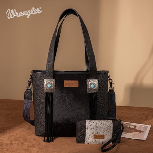 Image of Montana West Wrangler Cowhide Tote Bag for Women Western Tooling Handbag Leather Fringing with Turquoise Stone Concho