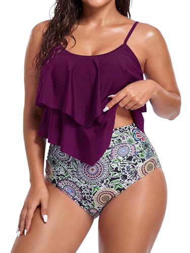 Image of Bathing Suits for Women High Waisted Swimsuits Tummy Control Two Piece Tankini Ruffled Top with Swim Bottom Bathing Suits