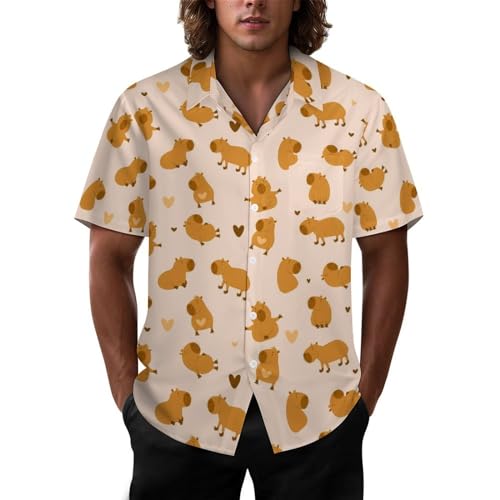 Joyidec Mens Hawaiian Shirt Casual Button Down Short Sleeve Tropical Beach Holiday Aloha Party Shirt for Men Funny, Cute Capybaras Beige Animal, Large