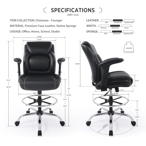 Chairman BL-5018D-BLK-NEW Ergonomic Mid-Back Premium Faux Leather Adjustable Drafting Chair With Multi-Function Arms And Foot Ring, Standing-Desk Matched Tall Swivel Computer Office Stool thumb #1
