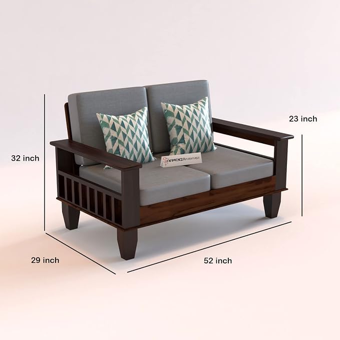 Image of Sheesham Wooden 2 Seater Sofa for Living Room | Rosewood 2 Seater Cushion Sofa with Side Newspaper Holder for Home & Office | Solid Wood Sofa Set for Lounge (Walnut Finish)