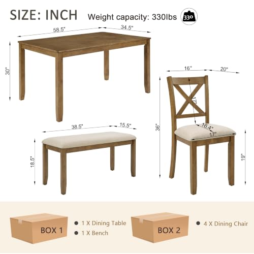 Image of Harper & Bright Designs Complete 6-Piece Oak Dining Set -58.5 inch Rectangular Table + 4 X-Back Chairs + Upholstered Bench,Solid Rubberwood Frame,Farmhouse Style,Seats 6