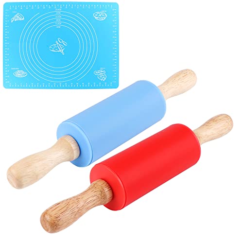 3Pcs Rouleau Patisserie, Rouleau à Pâtisserie en Acier, Avec Marquage de Mesure Tapis de Cuisson en Silicone Rouleaux à Pâtisserie pour Enfants