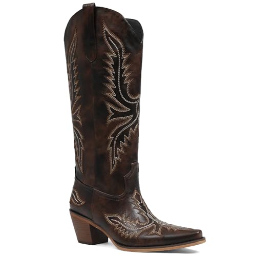 Image of Tscoyuki Cowboy Boots for Women: Embroidered Western Knee High Boots Women - Pointed Toe Chunky Heel Cowgirl Tall Boots