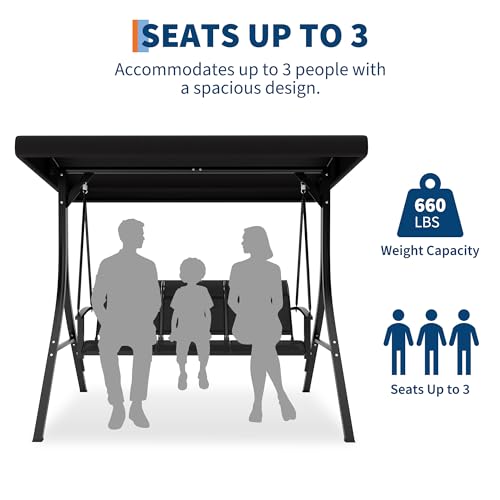 Image of GarveeLife 3-Seat Patio Swing Chair, Outdoor Porch Hanging Swings with Adjustable Canopy and Armrests, Breathable Textilene Fabric Seat & Backrest, Swing Bench for Garden, Poolside, Backyard, Black