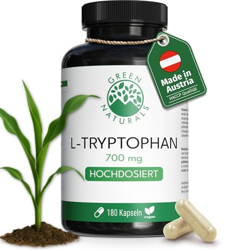 Green Naturals® L-Tryptophan Kapseln – Hochdosiert: 700 mg aus natürlicher Fermentation (rein pflanzlich) – 100% Vegan & ohne Zusätze – Premiumqualität aus Österreich – 180 Kapseln (6 Monate)