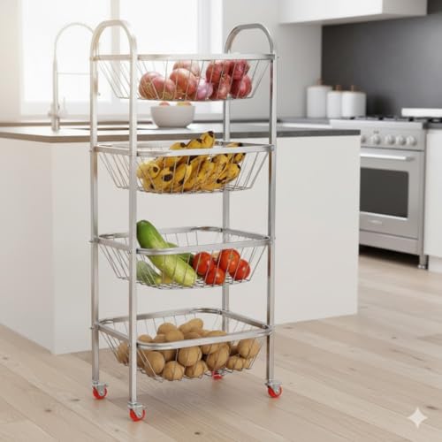 Image of Stainless Steel Modern 4 Tier Kitchen Storage Trolley with Wheels Folding Perforated Design Trolley Spice Fruits and Vegetable Onion Potato Organizer Stand Kitchen Trolley