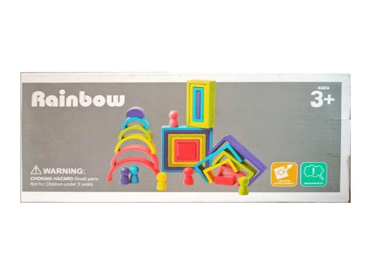 Image of Happy Hues Wooden Rainbow Stacking Blocks Toy Set, Montessori Geometric Nesting Building Blocks for Toddlers and Kids Ages 3+