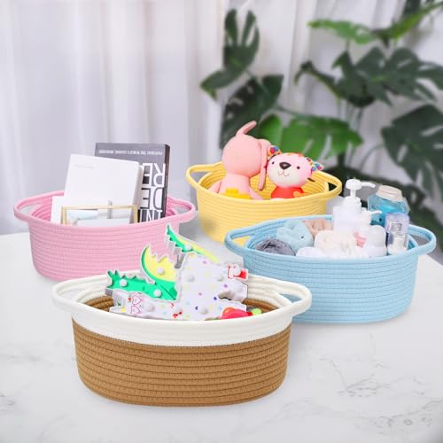 Image of ABenkle Small Basket with Handles, Boho Decorative Rope Woven Dog Cat Toy Storage Bin Shelf Storage Organizer, Easter Christmas Gift Basket, 12 inchx8 inchx5 inch, Brown