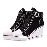 Mei MACLEOD Wedge Heel Sneaker for Women High Heel Sneaker Side Zipper/Lace Up Canvas Shoes for Ladies College Students Black