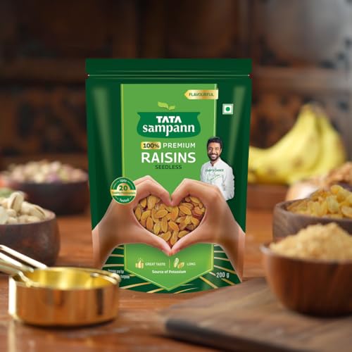Image of Tata Sampann Pure Raisins Seedless /Kishmish, 200g, Source Of Potassium, Premium Dry Fruits, Green Raisins (Pack of 3)
