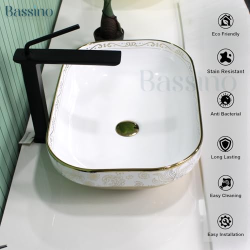 Image of BASSINO 20x14x6 Inches Ceramic Counter Top Wash Basin /White & Rose Gold Basin for Bathroom /Modern Design /Rectangular Shape Tabletop Washbasin for Restaurant /Dining Hall /Living Room /Home(Glossy)