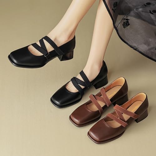 Tang'scuisins Women Square Toe Mary Jane Pumps Slip on Strappy Low Chunky Heels Comfortable Dress Party Ballet Shoes Size 4-16 US3
