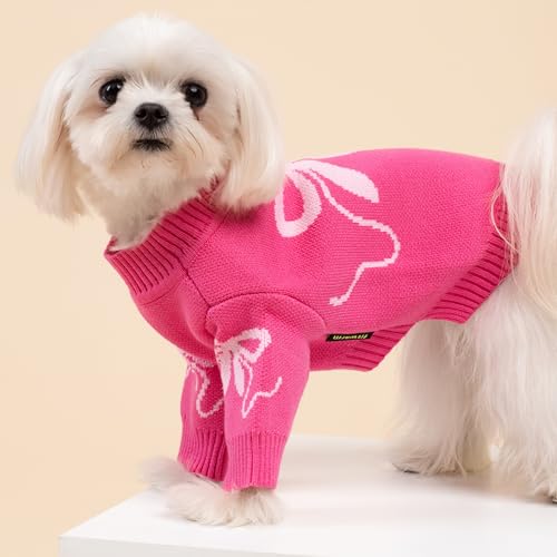 Image of Fitwarm Bowknot Valentine's Dog Sweater, Thermal Winter Clothes for Small Dogs, Charming Valentine's Outfit, Dog Pullover Jumper, Holiday Pet Apparel, Pink, Medium