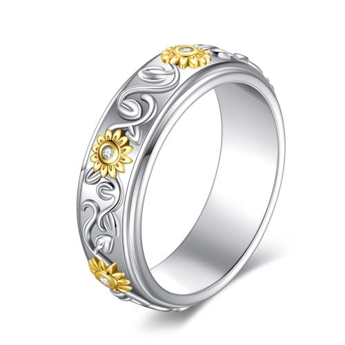 Bague anti-stress tournesol en argent 925 AXELUNA anneau rotatif femme homme