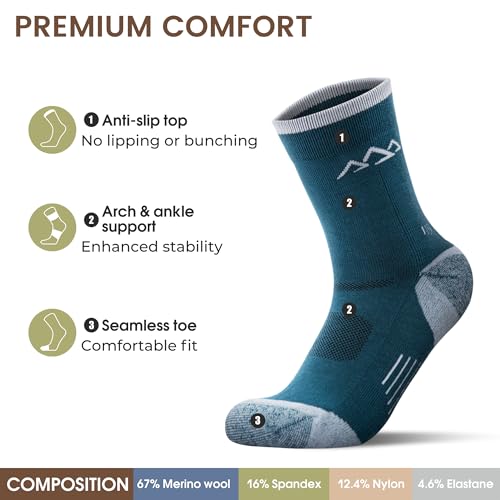 innotree 3 Pack Men's Merino Wool Hiking Socks, Micro Crew Cushioned Hiking Walking Thermal Moisture Wicking Trekking Socks3