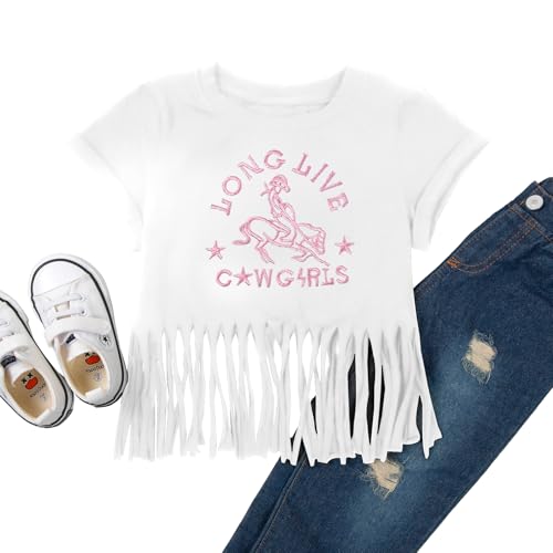 Image of Girls Western Shirt Cowgirls Embroidered Country Concert T Shirt Graphic Horseback Rider Tassel Fringe Tee Tops