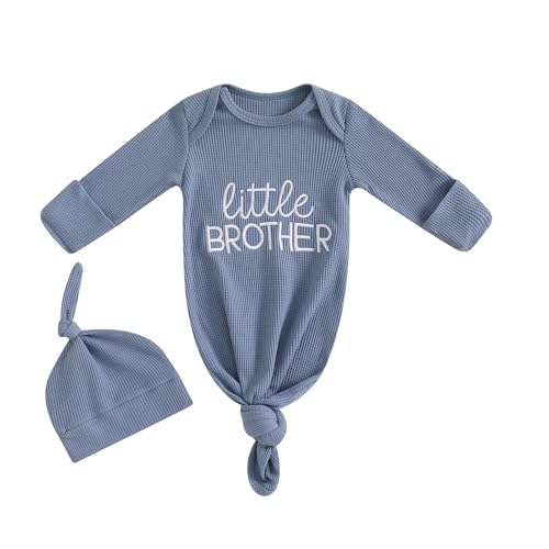 Ayalinggo Newborn Boy Girl Coming Home Outfit Baby Infant Sleeper Gown Nightgown Outfits Cute Fall Winter Pajamas and Hat (Waffle Knit Little Brother Blue, 0-3 Months)