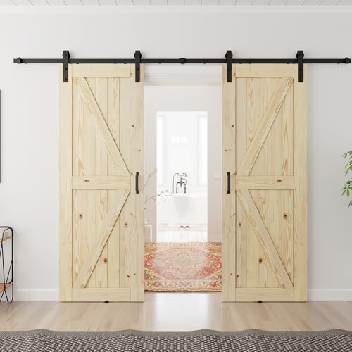 SMARTSTANDARD 34x84 inch Double Barn Door with 12ft Sliding Barn Door Hardware Kit Included, Unfinished Solid Spruce Wood, A Simple Assembly is Requir