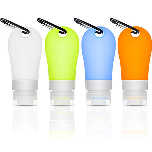 4 Pieces 60 ml/ 2.02 oz Portable Dispenser Empty Bottles Leakproof Travel Bottle Silicone Bottle Portable Travel Size Container with 4 Pieces Spring Snap Hook for Shampoo Lotion, Travel, Business Trip