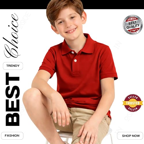 Image of Kids Boys Polo T-Shirt | Half Sleeves | Organic Cotton Rich Bio-Wash Fabric | Ultra Soft & Breathable | Regular Fit | Plain Solid Colour Casual Wear & School Uniform