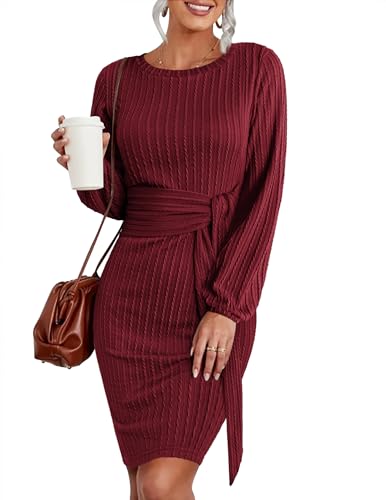 Zeagoo Women's Bodycon Tie Waist Dress O Neck Long...