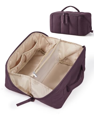 Image of BAGSMART Puffy Travel Makeup Bag Toiletry Bag for Women, Burgundy Purple | Open Flat, Portable, Make Up Organizer, Water-resistant, Puffy Padded, For Toiletries, Brushes