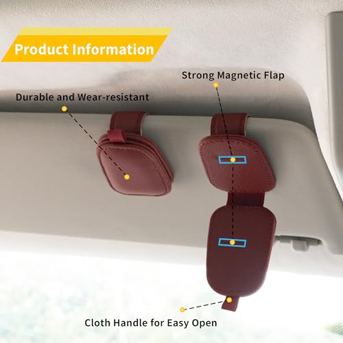 Image of Yuoyar 2 Packs Sunglasses Holders for Car Visor - Magnetic Leather Sunglasses Holder and Ticket Card Clip - Car Visor Accessories (Red)