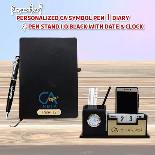 Image of SAVRI Personalized CA Gift Set - Pen Stand, Engraved CA Logo Pen & Black Diary with Name | Premium Gifts for Chartered Accountants & Financial Professionals - Black