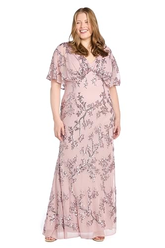 Image of R&M Richards Women's Long Beaded Floral Gown W /Sheer Capelet & Flutter Sleeves - Cocktail Party Evening Style