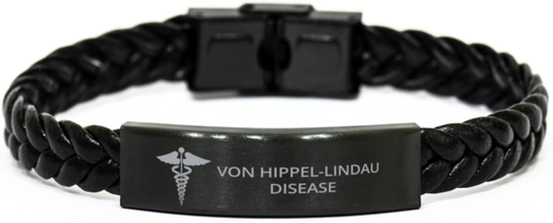 Medical Braided Leather Bracelet, Von Hippel-Lindau Disease Awareness, Medical Symbol, SOS Emergency Health Life Alert ID Engraved Stainless Steel Jewelry Silver Adjustable Bracelet For Women Men Teen