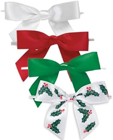 Weststone Christmas Plaid Pre-Tied Bow Set of 50, Twist Tie Bows Satin Bowtie Set, Bow Tie for Food & Gift Package, Christmas Party, Halloween, Birthdays, Weddings, Size 3-1/2"