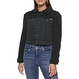 DKNY Women's Denim Fur Collar Fashionable Jeans Jacket, Black