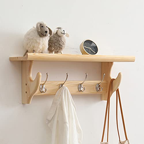 Ganchos de pared de madera rústica con estante para entrada y dormitorio, perchero montado en la pared con estante de almacenamiento y ganchos para baño y sala de estar
