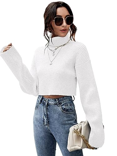Floerns Women's Turtle Neck Long Sleeve Knitted Pullover Sweater Crop Tops