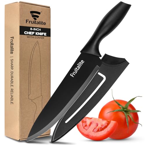 Image of Fruitalite 8-inch Chef Knife with Blade Cover- Premium Razor-Sharp Stainless Steel Multi-Purpose Kitchen Knife | Non-Stick Coating | Non-Slip Ergonomic Handles, Home Use for Chopping & Cutting- Black