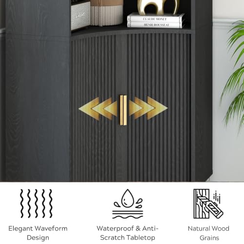Image of Fluted Corner Cabinet with Open Storage, Modern Floor Cabinets with Sliding Doors and 2-Tier Shelves, Freestanding Narrow Organizer for Small Space,Living Room, Dining Room,Black