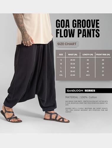 Image of The Veshti Company Men's Goa Groove Harem Pants | Breathable Cotton Boho Joggers with Relaxed Fit for Yoga, Dance, Travel & Lounge