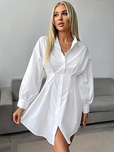 SheIn Women's Pleated Long Sleeve Mini T Shirt Dress Lapel Collar Button Flared Short Dresses White Large - Image 4