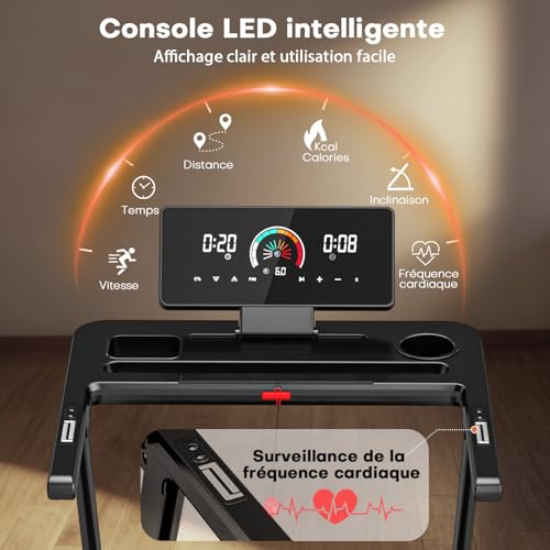 CHAOKE Tapis de Course Pliable, 3,0 CV Tapis de Marche Inclinable 15 Niveaux Réglable, Silencieux 16km/h Walking Pad avec Écran LCD et Moniteur de Fréquence Cardiaque, Multiples APP, Charge Max 180KG – Image 3