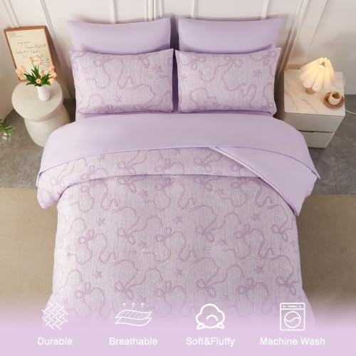 Image of PERFEMET Twin Comforter Set for Girls Purple, 5 Pieces Elegant Embossed Bow Bedding Twin Bed in a Bag Set, Soft Cute Bowknot Jacquard Comforter with Sheet Sets for All Seasons